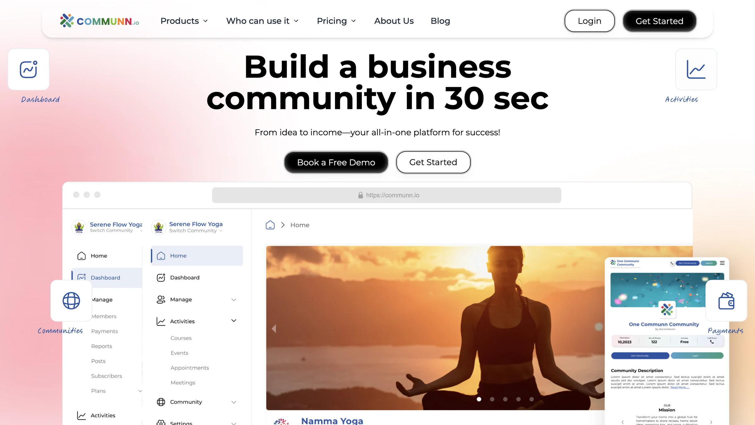 Communn business and community management platform interface
