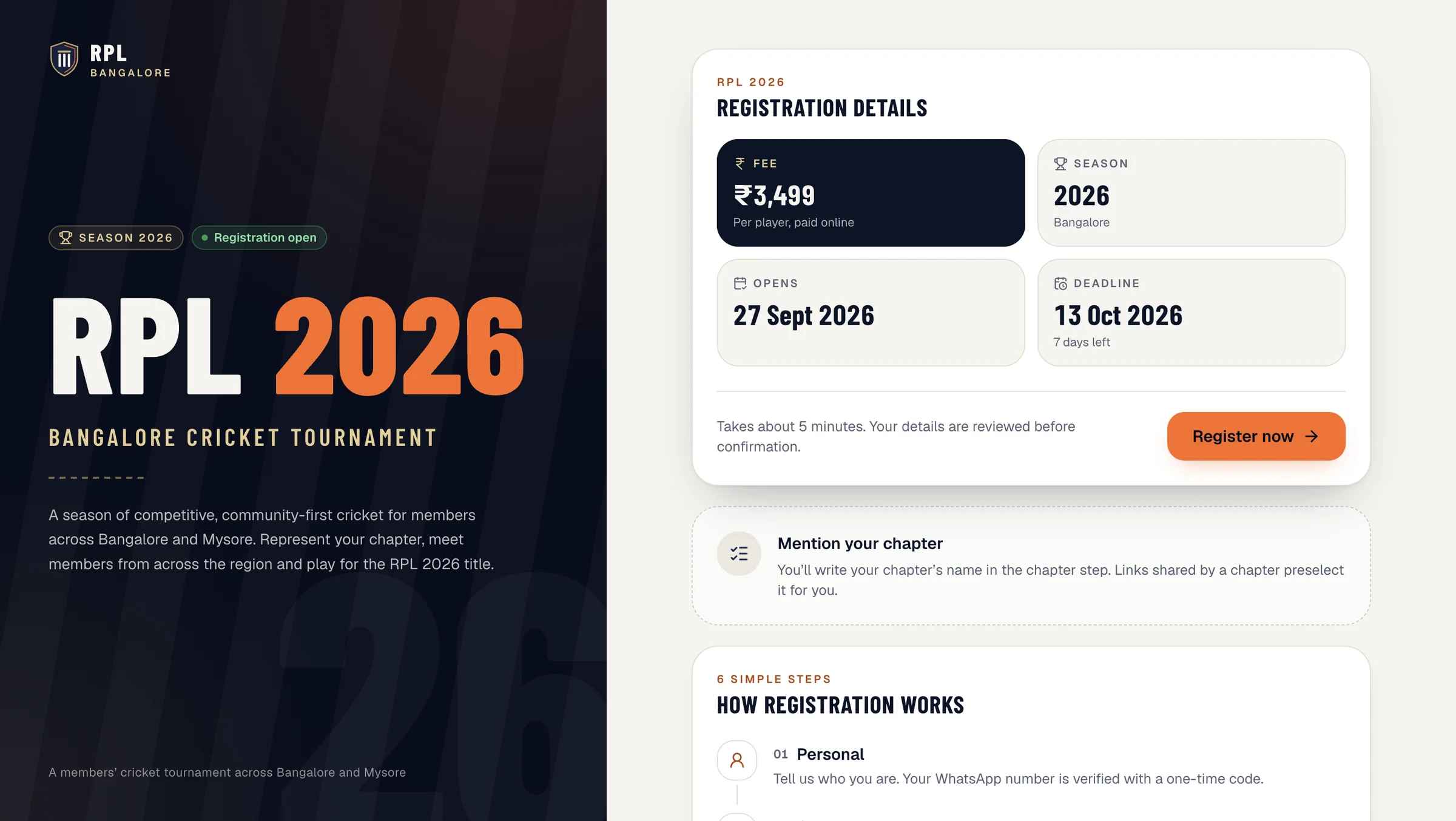 RPL Bangalore tournament player registration platform